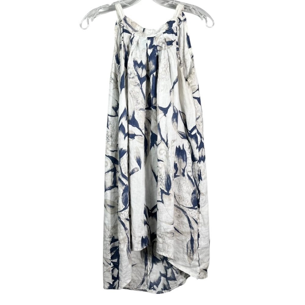 Bellambia White Blue Floral Linen Halter Neck Relaxed Fit Summer Dress Small S